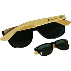 Bamboo frame sunglasses with black lenses, featuring a logo. Another smaller pair in the foreground.