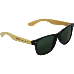 Sunglasses featuring a black frame and bamboo-coloured arms, with a logo on the side.