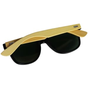 Sunglasses with black lenses and bamboo arms, featuring a simple design and a logo on the frame.