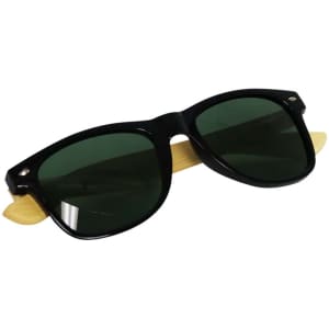 Sunglasses with black frames and green lenses, featuring bamboo accents. Includes a logo on the frame.