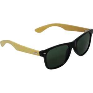 Sunglasses with black frames and bamboo arms, featuring green tinted lenses. Includes a logo on the temple.
