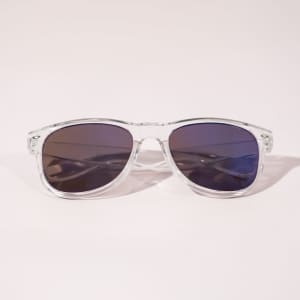 Clear frame sunglasses with dark lenses, featuring a sleek design and subtle branding.
