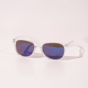 Clear-frame sunglasses with gradient purple lenses, displayed against a light background.