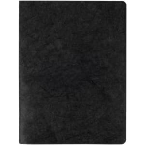 A black notebook with a textured cover and blank pages, featuring a logo on the front.