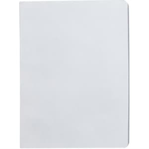 A plain, white notebook with blank pages and rounded corners. It features a logo on the cover.