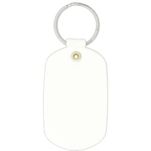 A white oval keychain featuring a metal ring and a simple design. It includes a small branding logo.