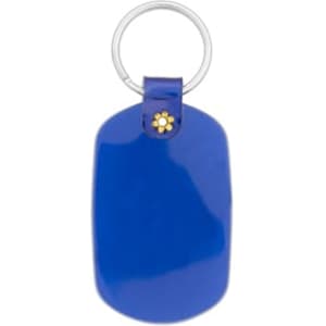 A blue oval keychain featuring a shiny finish and a metal ring attachment. It includes a decorative element on top.