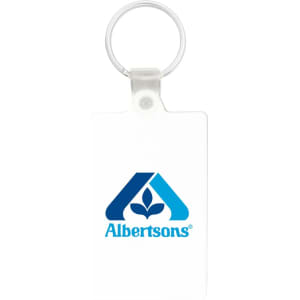 A clear rectangle keychain with a circular silver ring, featuring a blue logo.