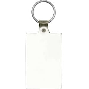 A rectangular keychain with a metal ring, featuring a plain, shiny surface.