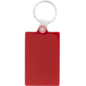 A red rectangle keychain featuring a metal ring for attachment.
