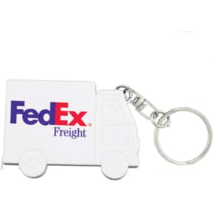 A keychain shaped like a white delivery truck, featuring a logo and a metal clasp for attachment.