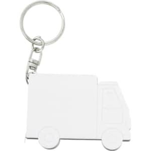 A keychain in the shape of a truck, featuring a metallic silver finish and a keyring attachment.