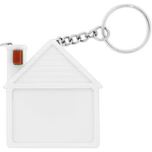 A white house-shaped tape measure with a keychain attachment. It features a small chimney detail.
