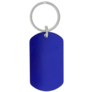 A blue dog tag keychain with a silver ring. The tag has a smooth, matte finish.