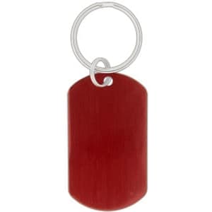 A red dog tag keychain featuring a metallic finish and a silver keyring attachment.