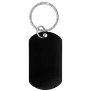 A black dog tag keychain with a silver keyring attached.