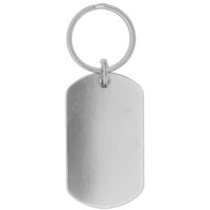 A silver dog tag keychain with a metal ring. The tag features a smooth, blank surface.