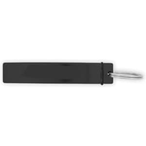 A drink bottle opener in black with a ring attachment for easy carrying. Features a simple, sleek design.