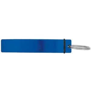A drink bottle opener in a sleek blue colour, featuring a metal keyring attachment and a simple design.