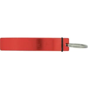 A drink bottle opener in red with a silver keyring attachment. It features a simple, flat design.