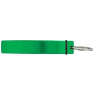 A drink bottle opener in a bright green colour, featuring a simple design with a keyring attachment.