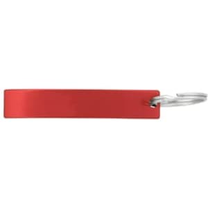 A drink bottle opener in red with a metal keyring attachment and a logo.