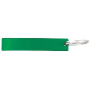 A drink bottle opener in a vibrant green colour with a silver keyring attachment. It features a simple design.