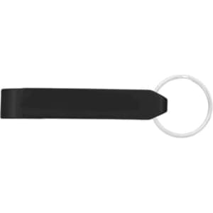 A drink bottle opener in black with a silver keyring attachment. It features a simple, sleek design.