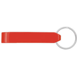 A drink bottle opener in vibrant red with a circular keyring attachment and a simple design.