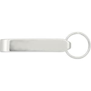 A drink bottle opener in a sleek silver design, featuring a keyring attachment for convenience.