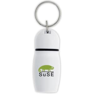 A white hotel keychain featuring a green chameleon logo and a silver keyring.