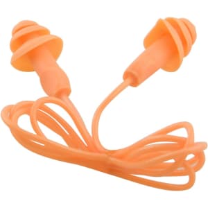 Two orange earplugs connected by a flexible cord, designed for noise reduction or sleep.