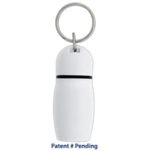 A white hotel keychain with a circular metal ring, featuring a sleek, rounded design and a black stripe.