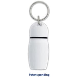A white hotel keychain with a rounded design and silver keyring. It features a simple, sleek look.