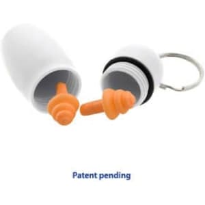 A white keychain case with an orange earplug inside, featuring a metal keyring attachment.