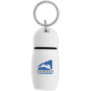 A white hotel keychain in the shape of a drink bottle with a keyring. It features a blue logo.