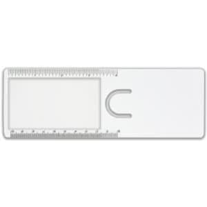 A clear plastic magnifier ruler with a rectangular body and metric measurements. It features a circular cut-out.