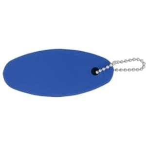 A blue floating keychain with a metal ball chain attached, featuring a simple oval shape.