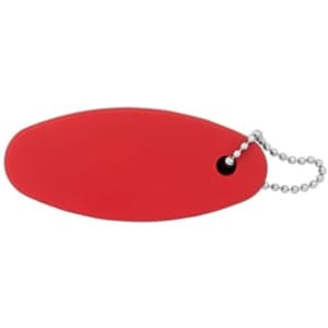 A red floating keychain featuring a smooth, oval shape and attached to a silver chain. It has a logo.