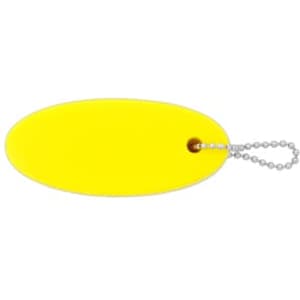 A bright yellow oval floating keychain with a silver ball chain attached.