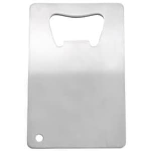 A drink bottle opener in stainless steel, featuring a minimalist design with a circular hole and a bottle opener cutout.