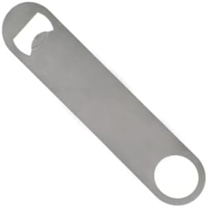 A drink bottle opener in silver stainless steel with a circular end and a bottle cap opening feature.