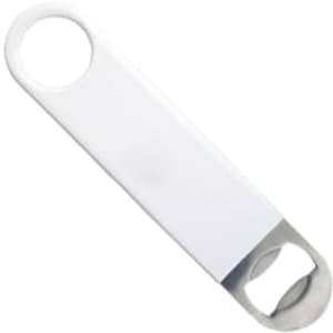A drink bottle opener in white with a metal bottle cap remover, featuring a circular handle.