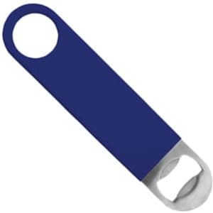A drink bottle opener featuring a navy blue handle and a stainless steel bottle cap remover. It includes a logo.