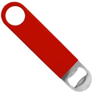 A drink bottle opener in red with a stainless steel end. The design features a logo.