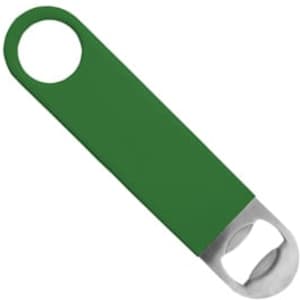 A green bottle opener with a stainless steel cap remover and a circular handle. It features a branding logo.