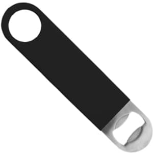 A drink bottle opener featuring a sleek black handle and a stainless steel opening mechanism. It includes a logo.