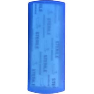 A blue bandage dispenser with a logo, featuring a transparent section that reveals bandages inside.