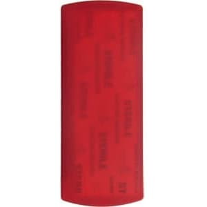 A red bandage dispenser with a smooth surface and a logo, designed for storing bandages.
