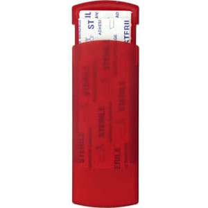 A red bandage dispenser with a curved top, holding bandages inside, and featuring a logo.